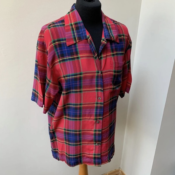 Vintage 90s tartan pure silk blouse - Picture 3 of 13